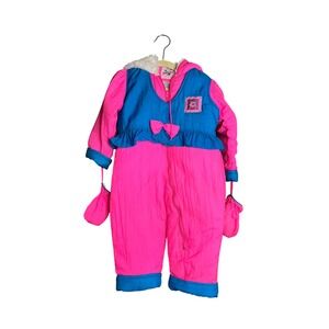 Playskool Vintage‎ 18M Snowsuit Pink Blue Winter Outfit One Piece Mittens